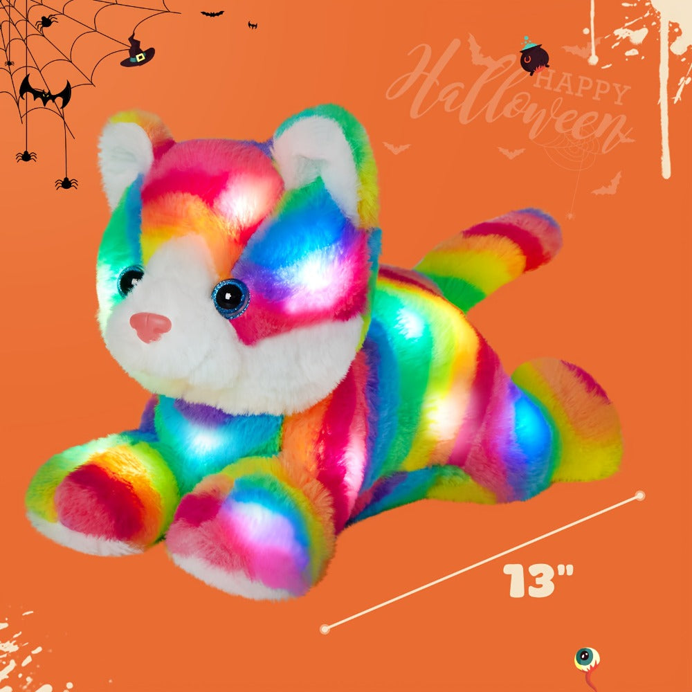 Glowing Rainbow Cat Stuffed Animal Plush Toy — Colorful LED Light Up Musical Soft Plush Kitten Doll for Kids Girls Boys | Birthday Christmas New Year Party Gift | Room & Party Decor