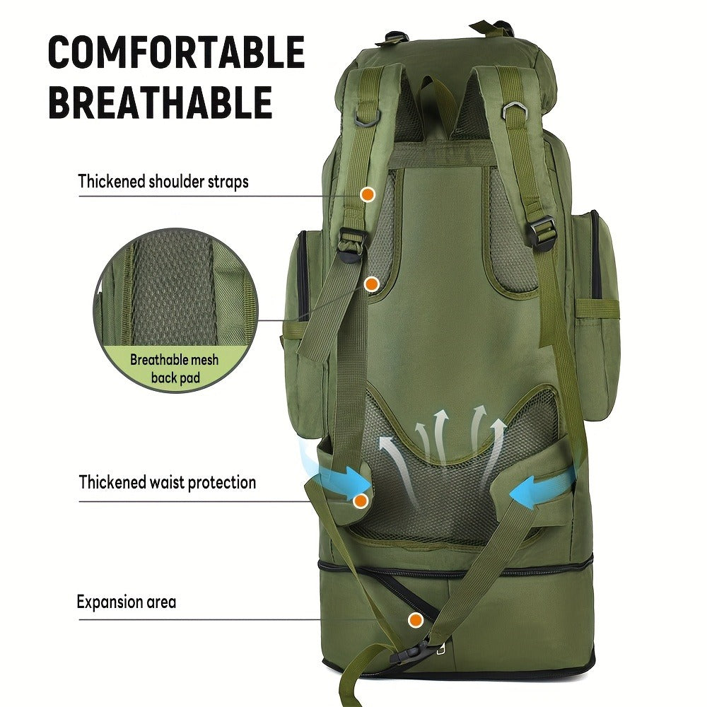 Tactical Backpack 100L Large Capacity Hiking Backpack Multiple Compartments Heavy Duty Ergonomic Straps for Camping Travel Trekking Backpacking Outdoor Adventures Jungle Green Black Army Green Gray Desert