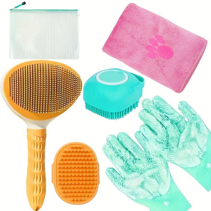Dog Grooming Kit Set 6pcs – Pet Brush, Microfiber Towel, Washing Gloves & Shedding Tool, No Power Required, Essential Home Pet Care for Shiny Healthy Coat, Dogs & Cats
