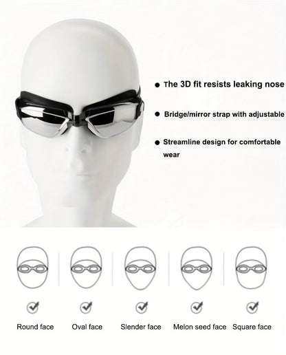 Anti-Fog Racing Swim Goggles Set 6-in-1 - HD UV Protection Silver Coated PC Lens, Waterproof PU Swim Cap, Nose Clip, Earplugs, Goggle Case & Storage Bag for Adult Men Women Pool Training Competition
