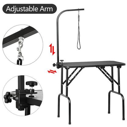 Pet Grooming Table Foldable with Height Adjustable Arm – Non-Slip Waterproof Surface, Folding Legs, Sturdy Metal Frame, Professional Dog Cat Beauty Trimming Table for Home & Salon
