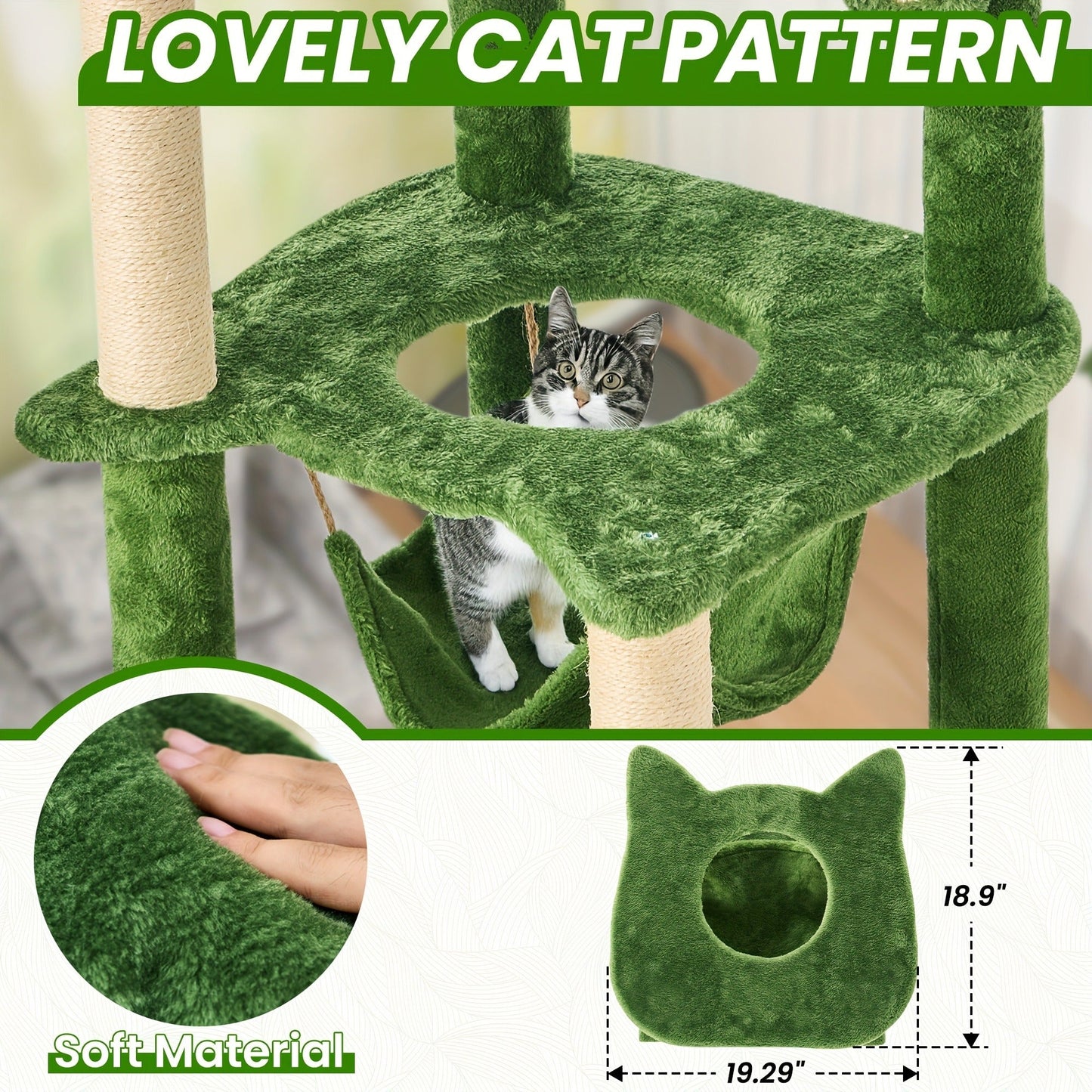 Cat Tree 55" Large Multi-Level Cat Tower for Indoor Cats with Green Leaves, Hammock, Sisal Scratching Posts & Hanging Ball Toy – Cat Furniture for Living Room