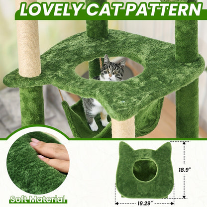 Cat Tree 55" Large Multi-Level Cat Tower for Indoor Cats with Green Leaves, Hammock, Sisal Scratching Posts & Hanging Ball Toy – Cat Furniture for Living Room