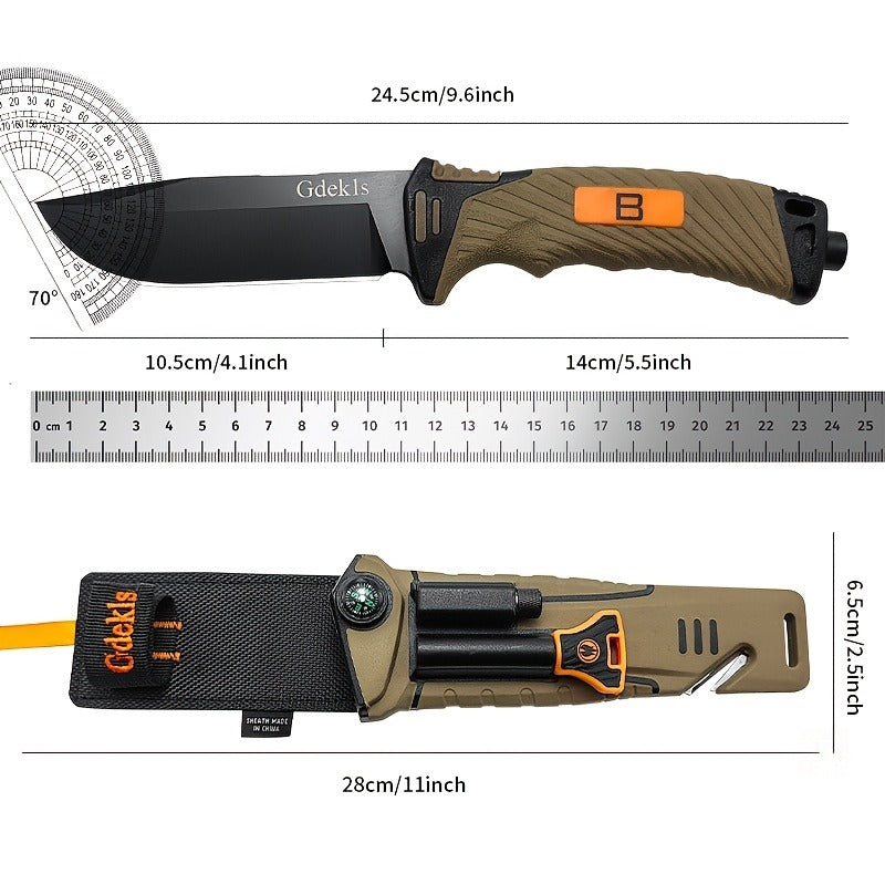 Fixed Blade Outdoor Camping Knife 9.64 Inch Stainless Steel, Survival Hunting Knife with Flint Fire Starter Night Light Sharpener Safety Sheath, Non-Slip Ambidextrous Handle for Hiking Mountaineering Adventure