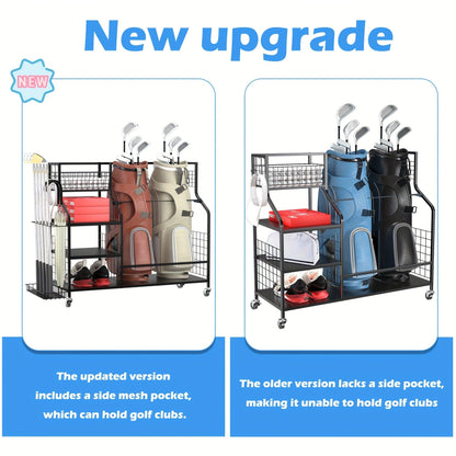 Golf Bag Storage Rack & Organizer for Garage – Extra Large Golf Club Holder Stand for 2 Bags, Heavy Duty Golf Equipment Accessories with Optional Side Pocket