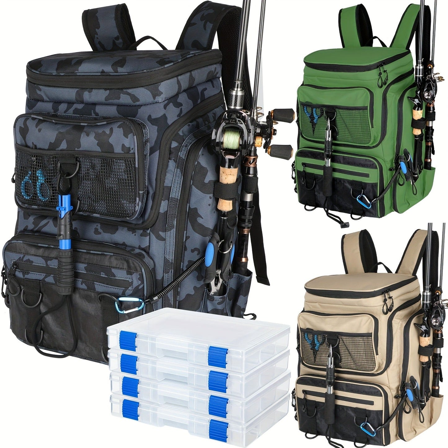 Waterproof Fishing Rod Backpack 42L – Built-In Rod Tube, 16 Pockets & Insulated Cooler Option | Black, Camo, Khaki, Gray