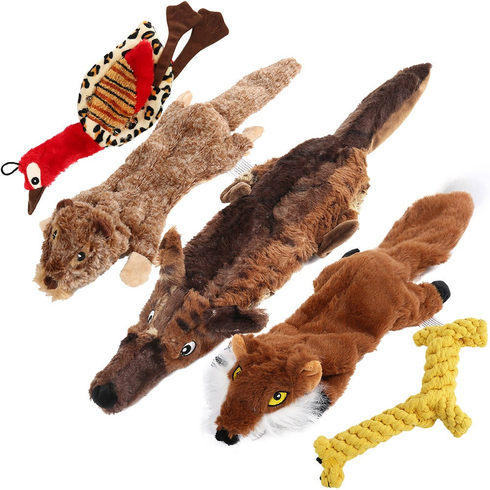 Squeaky Dog Toys 5-Pack No Stuffing Plush Chew Toy Bundle - Durable Animal Toys for Small Medium Large Dogs, Double Squeaker Puppy Teething Toy Set with Bonus Cotton Rope Toy
