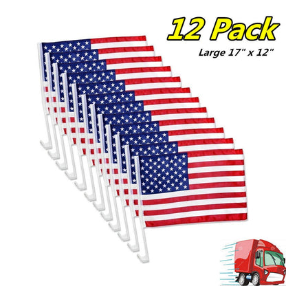 American Flag Car Window Clips 12 Pack USA Patriotic Car Flags 17x12 Inch Double Sided Knitted Polyester Weather Resistant for Parades Funerals Auto Sales Driveways Fourth of July Patriotic Displays