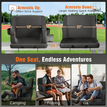 Heated Stadium Seat with Back Support for Bleachers 6 Reclining Positions 3 Heat Levels Dual-Zone USB Heated Bleacher Chair with 5 Storage Pockets Adjustable Armrests Portable Backpack Strap for Sports Games Concerts Outdoor Events
