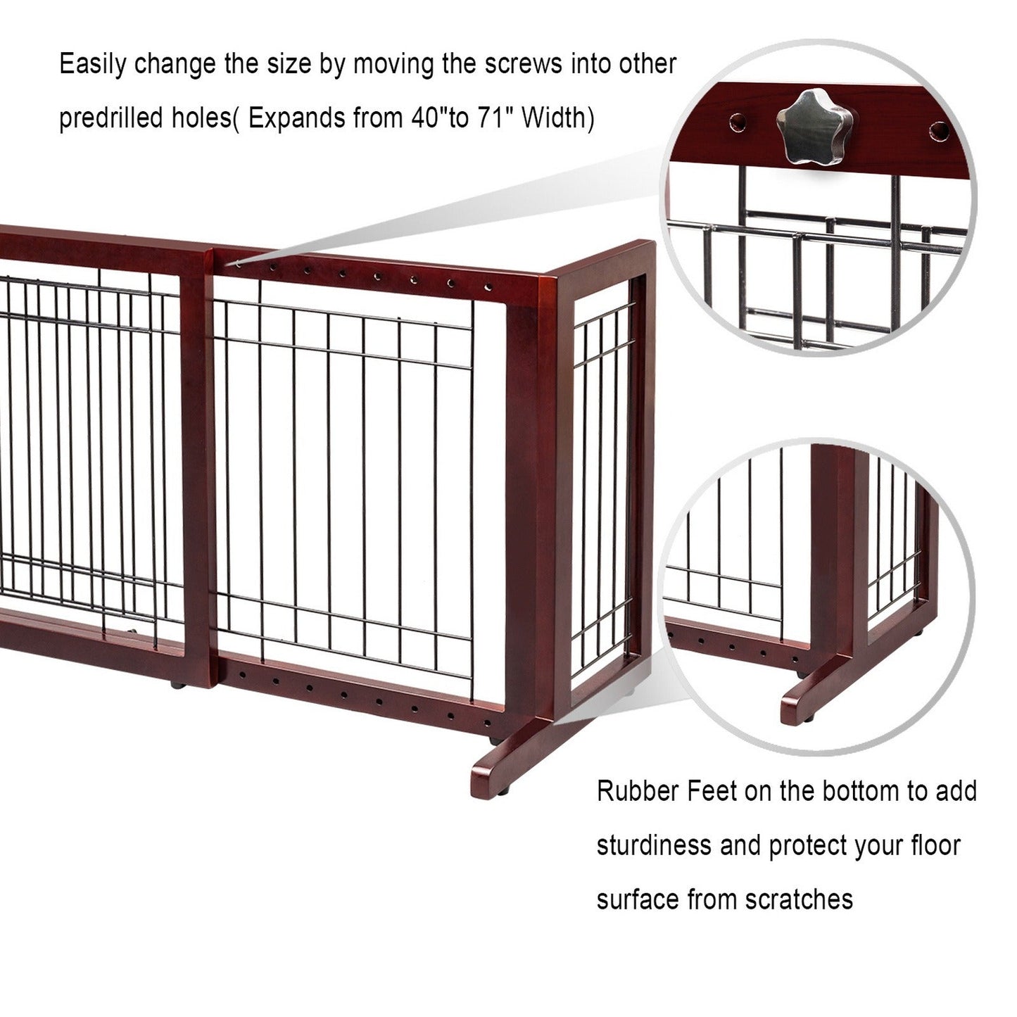 Freestanding Pet Gate for Dogs & Cats - Solid Wood Dog Gate for House, Adjustable 40" to 71" Wide, Indoor Dog Fence for Doorways Stairs Hallways, No-Drill Extra Wide Baby Gate