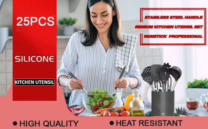 Silicone Kitchen Utensils Set 25pcs Nonstick Cooking Utensils with Stainless Steel Handle Food-Grade Silicone Spatulas Spoons Tongs Complete Kitchen Tool Set for Indoor Outdoor Cooking Grey Black Coffee