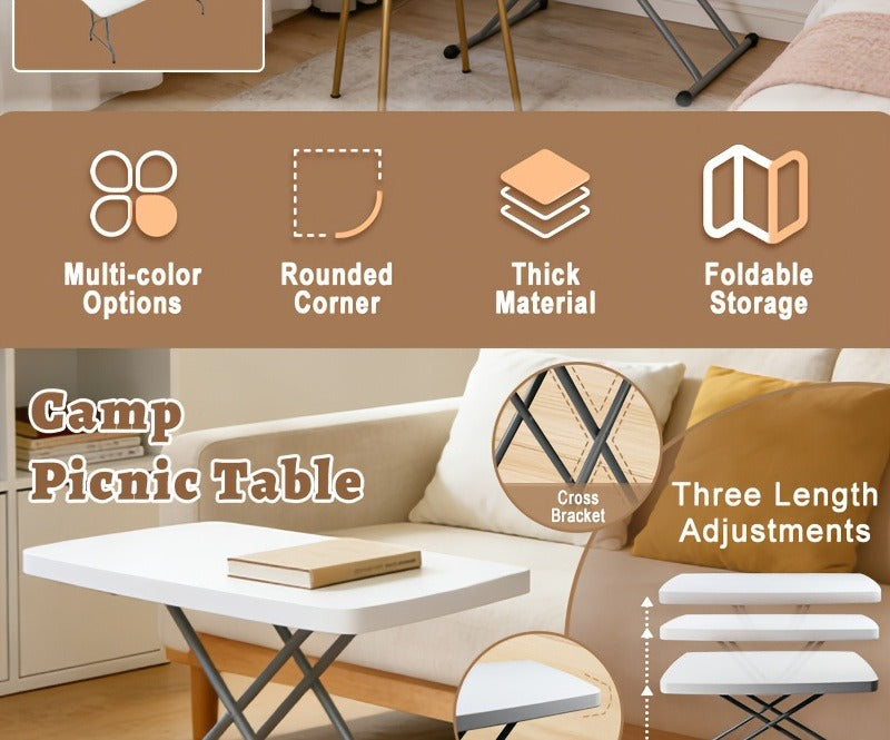 Folding Picnic Table Portable Plastic Camping Table Indoor Outdoor with Carrying Handle Lock 4FT 6FT Lightweight Fold Up Dining Table for Camping Backyard BBQ Party Beach White