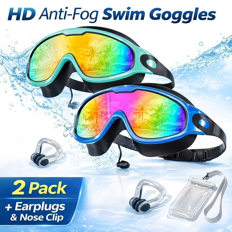 2 Pack HD Anti-Fog Swim Goggles – Leak-Proof Wide Vision, UV Protection Mirrored Lens, Comfortable Fit for Men Women Adults, with Earplugs Nose Clip Case & Waterproof Bag