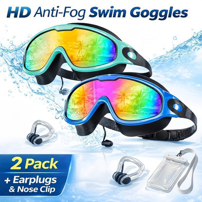 2 Pack HD Anti-Fog Swim Goggles – Leak-Proof Wide Vision, UV Protection Mirrored Lens, Comfortable Fit for Men Women Adults, with Earplugs Nose Clip Case & Waterproof Bag