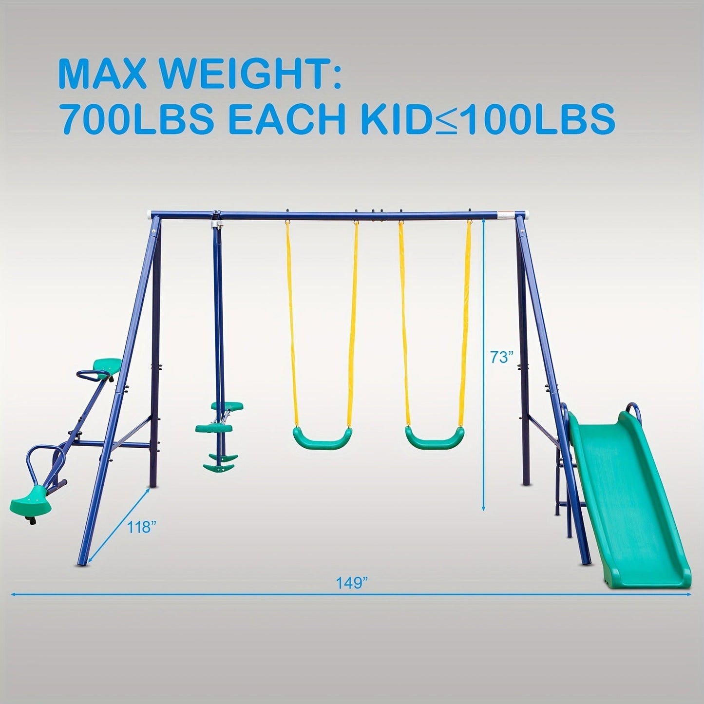 Heavy Duty A-Frame Metal Swing Set for Backyard with 2 Swings Slide Glider Seesaw Disc Seat Outdoor Playset for Kids Toddlers Backyard Play Structure
