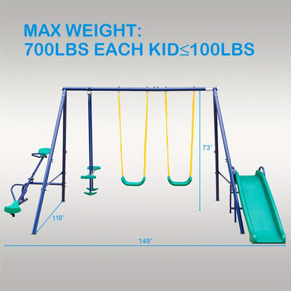 Heavy Duty A-Frame Metal Swing Set for Backyard with 2 Swings Slide Glider Seesaw Disc Seat Outdoor Playset for Kids Toddlers Backyard Play Structure
