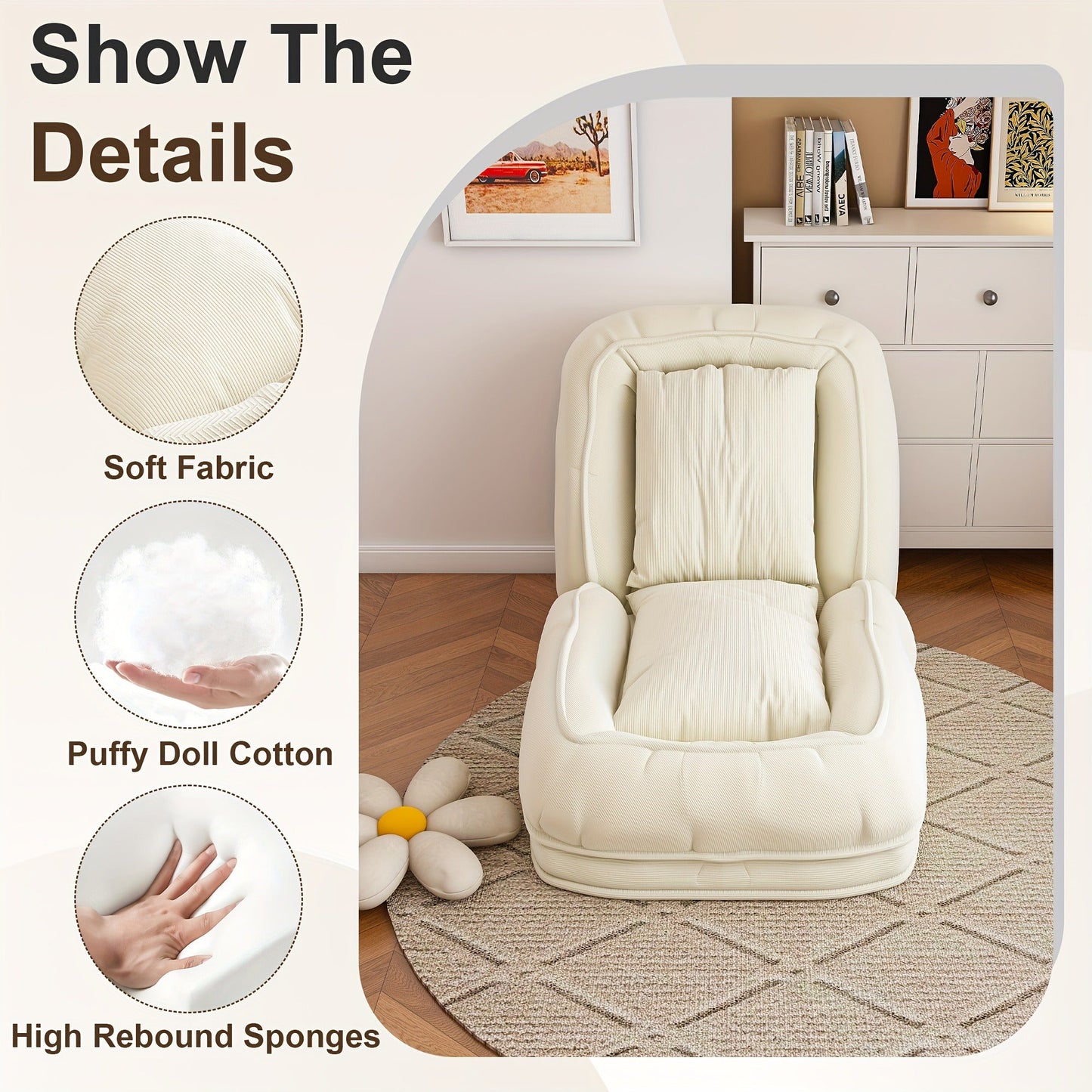 Human Dog Bed for Adults & Pets – Foldable Lazy Sofa Bed with 5 Adjustable Positions, High-Resilience Sponge, Breathable Corduroy, 2 Soft Pillows, Bedroom Living Room Reading Corner