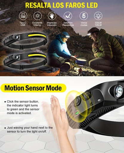 COB LED Headlamp 2 Pack 230° Wide Beam Motion Sensor Rechargeable Head Torch for Hiking Running Fishing Camping Hard Hat