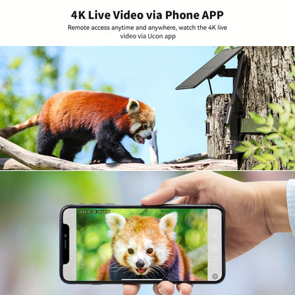 Solar Powered Trail Camera 4K Cellular - 4G LTE No WiFi, 0.2s Trigger, 82ft Night Vision, 120° Wide Angle, Built-in SIM Card for Hunting & Wildlife
