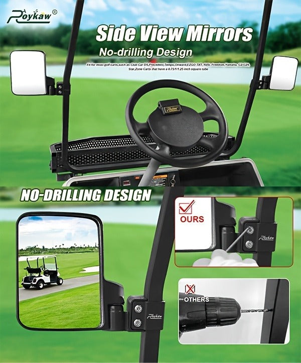 Golf Cart Mirror Set Convex Wide Angle Rotatable Side & Panoramic Rear View Mirrors – Fits Yamaha, EZGO, Club Car & Most Golf Carts, 0.75"-1.25" Square Frame, Real Glass, ABS Housing, Easy Install