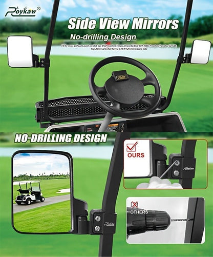 Golf Cart Mirror Set Convex Wide Angle Rotatable Side & Panoramic Rear View Mirrors – Fits Yamaha, EZGO, Club Car & Most Golf Carts, 0.75"-1.25" Square Frame, Real Glass, ABS Housing, Easy Install