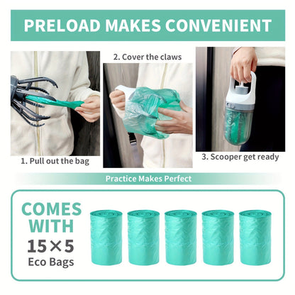 Dog Pooper Scooper No-Touch 2-in-1 with 75 Waste Bags & Wide Claw Attachment – Portable Hands-Free Hygienic Waste Pick-Up System for Small Medium Large Dogs, Parks & Lawn Use