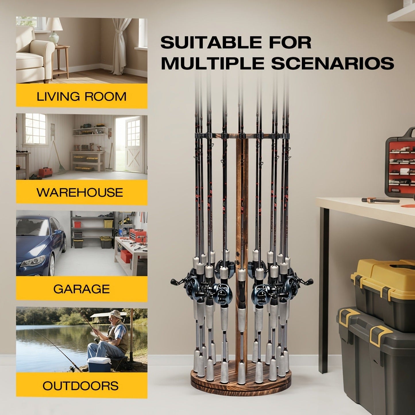 Fishing Rod Rack Holds 16 Rods - Circular Wooden Pole Holder with 360° Rotating Base Option - Space-Saving Wall-Free Fishing Rod Organizer for Garage, Basement & Home Storage