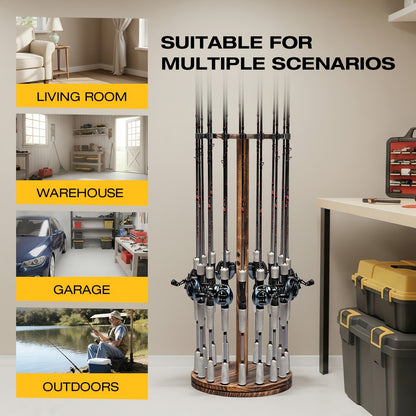 Fishing Rod Rack Holds 16 Rods - Circular Wooden Pole Holder with 360° Rotating Base Option - Space-Saving Wall-Free Fishing Rod Organizer for Garage, Basement & Home Storage