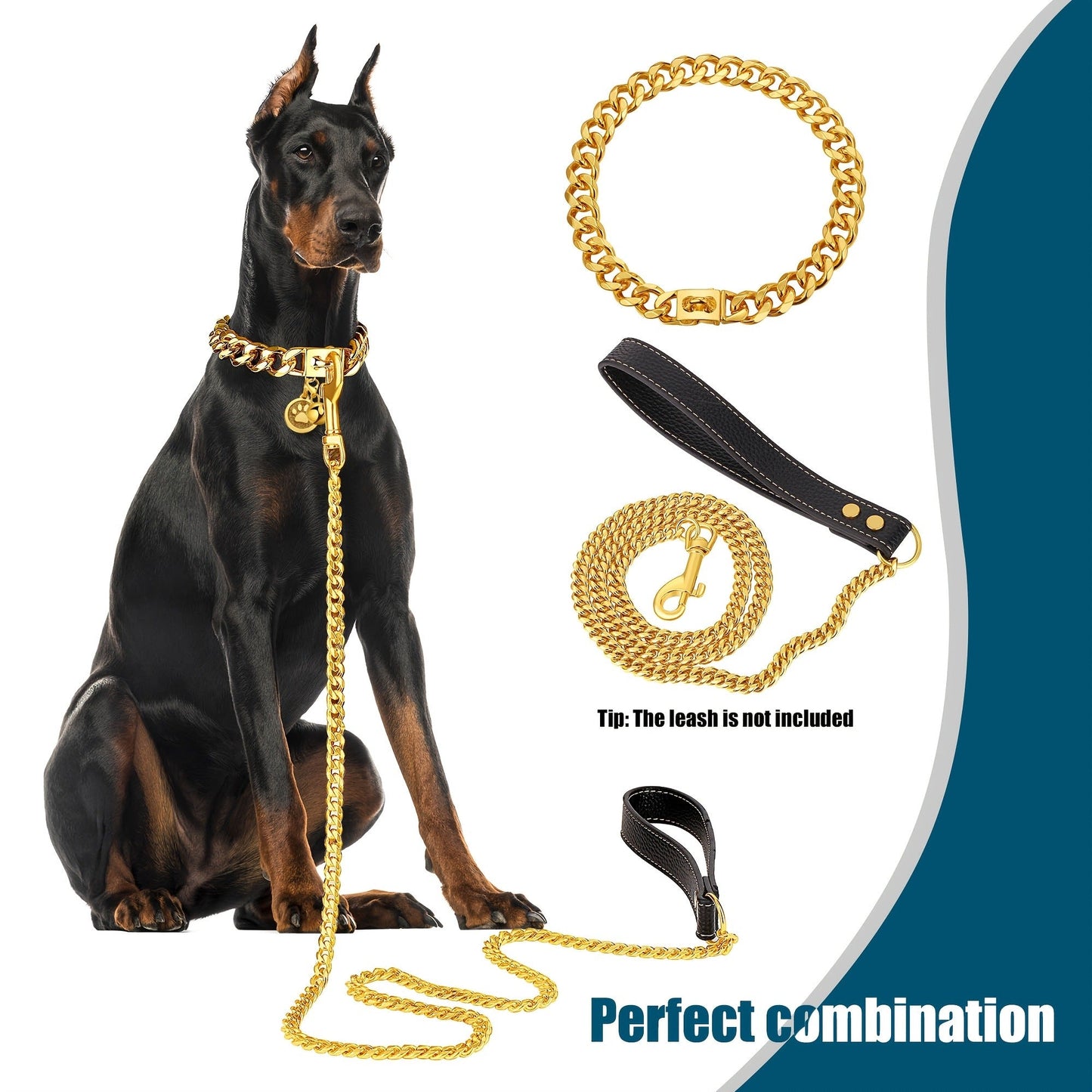 Cuban Link Dog Chain Collar – 19mm Gold Plated Stainless Steel with Snap Lock, 6 Sizes for Puppy Small Medium Large Dogs