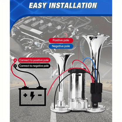 Dual Air Horn Kit 12V/24V 105-137dB with Air Compressor - Super Loud Aluminum Alloy Trumpet Horn for Truck, Train, SUV, Motorcycle, Car & Boat, Universal Electric Horn Easy Install
