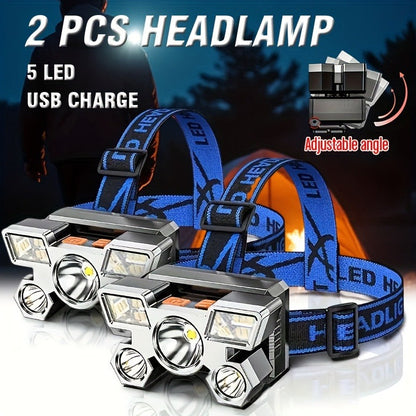 USB Rechargeable Headlamp 2 Pack 5 LED 4 Modes IP44 Waterproof Head Torch for Outdoor Fishing Camping Emergency