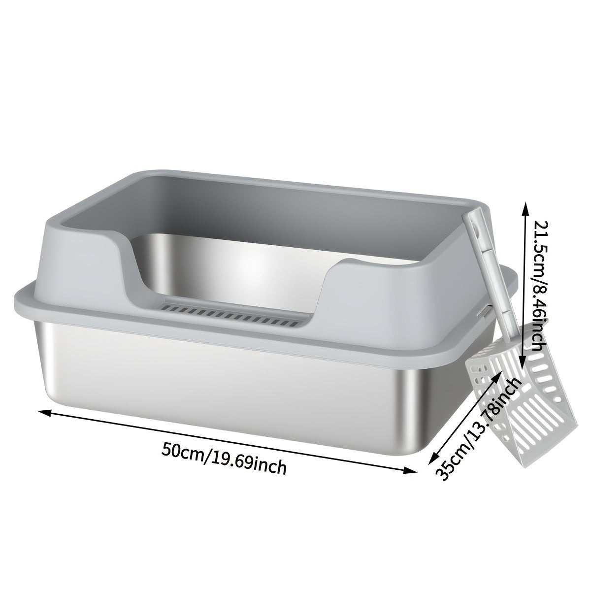 Stainless Steel Cat Litter Box with Scoop - High-Wall Semi-Enclosed Design, Non-Stick Easy Clean Surface, Anti-Leakage Odor Control, 2 Sizes for Kittens & Multiple Cats, Modern Metal Pet Toilet