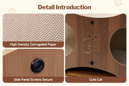 Cat Scratching Post with Integrated Cat Bed - Sturdy Walnut Wood Base, 4-Season Woven Scratch Pad, Indoor Cat Scratcher Lounge for Scratching, Lounging & Play, Oak Color with Optional Cat Toy