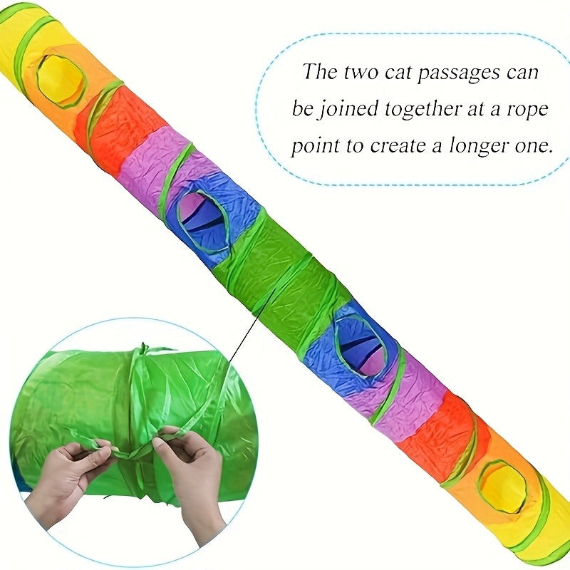 Collapsible Cat Tunnel Toy - Foldable S-Shaped & 3-Way Tube with Ball & Peek Holes, Rainbow Colors, Connectable Cat Play Tunnel for Indoor Cats & Kittens, 1pc or 2-Pack Bundle