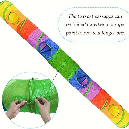 Collapsible Cat Tunnel Toy - Foldable S-Shaped & 3-Way Tube with Ball & Peek Holes, Rainbow Colors, Connectable Cat Play Tunnel for Indoor Cats & Kittens, 1pc or 2-Pack Bundle