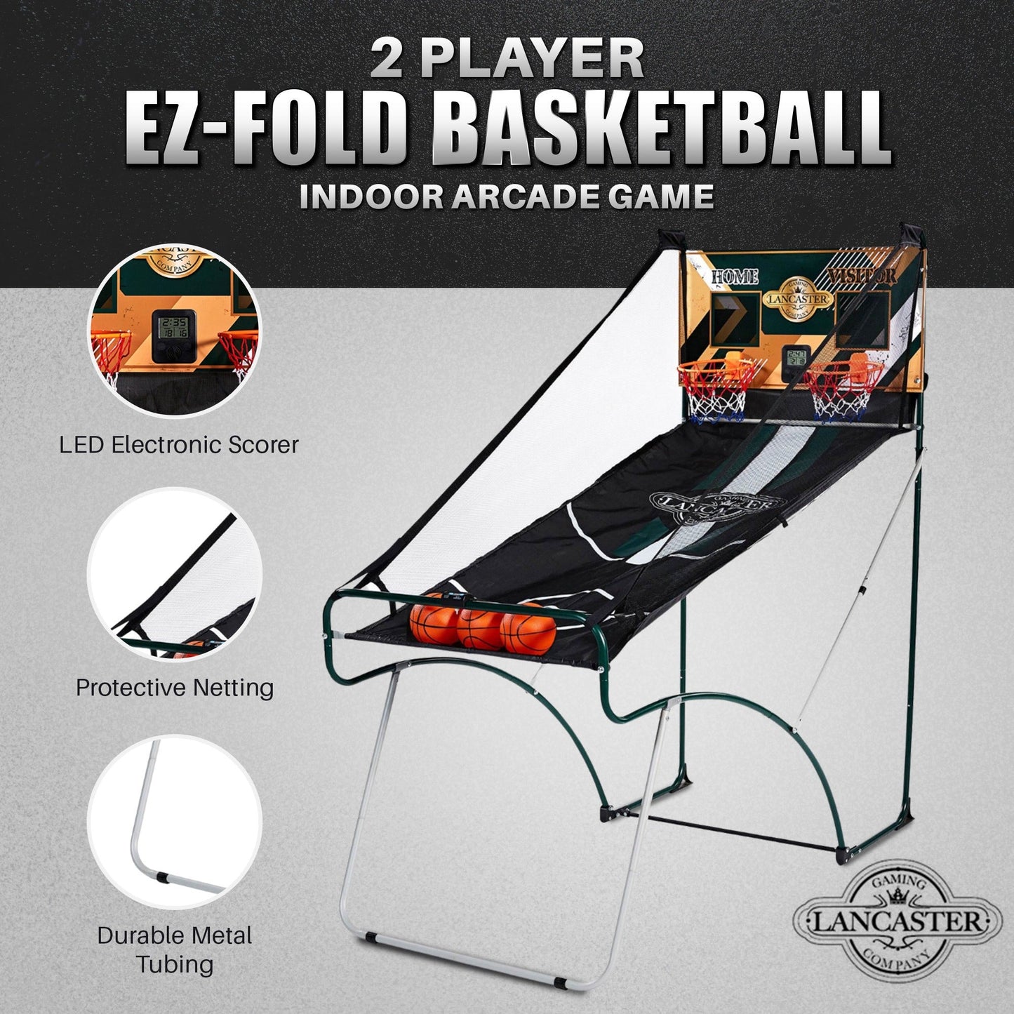 2 Player Indoor Basketball Arcade Game EZ Fold - Dual Hoop Shot Challenge with LED Scoring, 8 Game Modes, 3 Basketballs & Air Pump, Foldable Frame 60x25.5x63 Inch, Home Game Room Family Fun