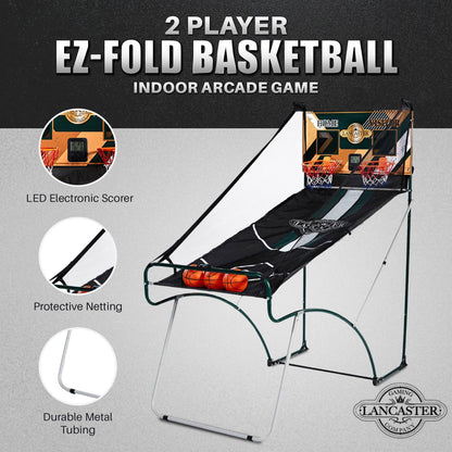 2 Player Indoor Basketball Arcade Game EZ Fold - Dual Hoop Shot Challenge with LED Scoring, 8 Game Modes, 3 Basketballs & Air Pump, Foldable Frame 60x25.5x63 Inch, Home Game Room Family Fun