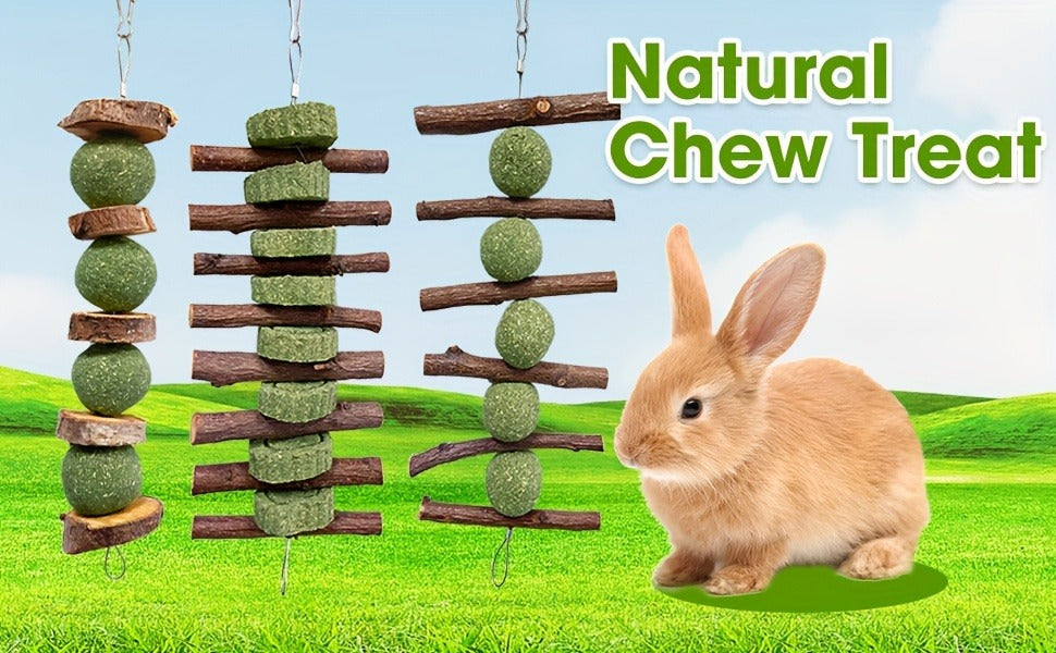 Grass Cake Chew Toys 3pcs – Natural Woven Hay Cake Teeth Grinding Strings for Hamsters, Rabbits & Small Pets, Dental Care Foraging Enrichment Toy