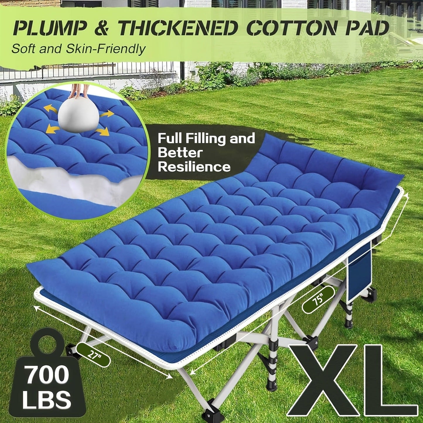Folding Camping Cot with Mattress – XXL Heavy Duty Portable Sleeping Bed with Carry Bag, 700–900 lbs Capacity, 36×80 Inch Pad, Guest Bed for Adults, Easy Setup for Outdoor Camping Travel Backpacking