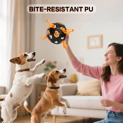 Halloween Dog Ball Toy with Pump - Football Shaped Chew Ball for Dogs, Pumpkin Ghost Design, Durable Rubber Fetch Toy for Small Medium Large Dogs, Festive Pet Gift with Strap, No Battery Required