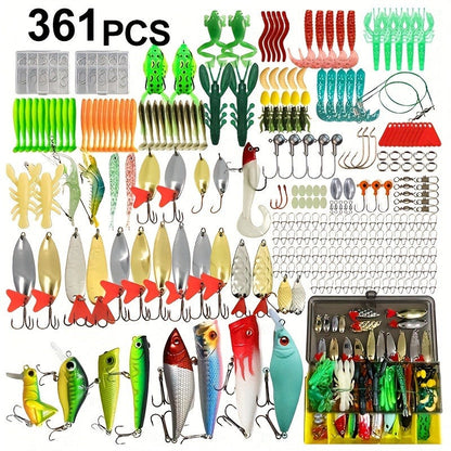 Fishing Lure Kit Tackle Set with Tackle Box – Minnow Baits, Spoon Lures, Soft Worm Baits, Frog Soft Bait, Jig Heads & Rigs – 110pcs / 252pcs / 361pcs Mixed Color Assortment for Bass Trout Pike