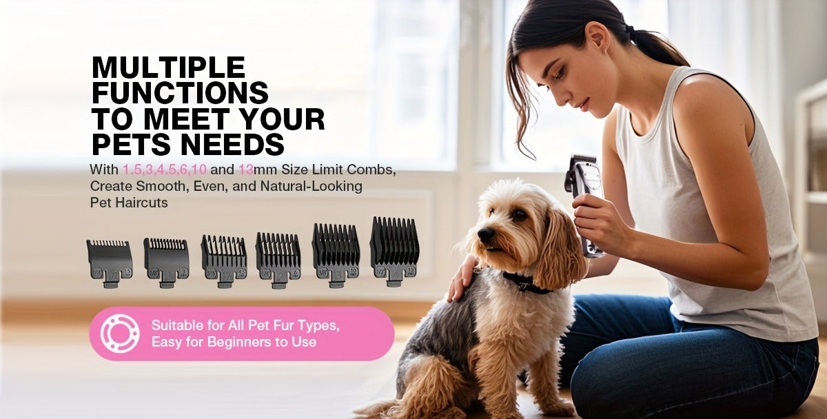 Dog Grooming Clippers Professional Kit - Low Noise Rechargeable Pet Hair Trimmer with Ceramic Blade, 8 Guards, Scissors & Comb for Dogs, Cats & Thick Coats