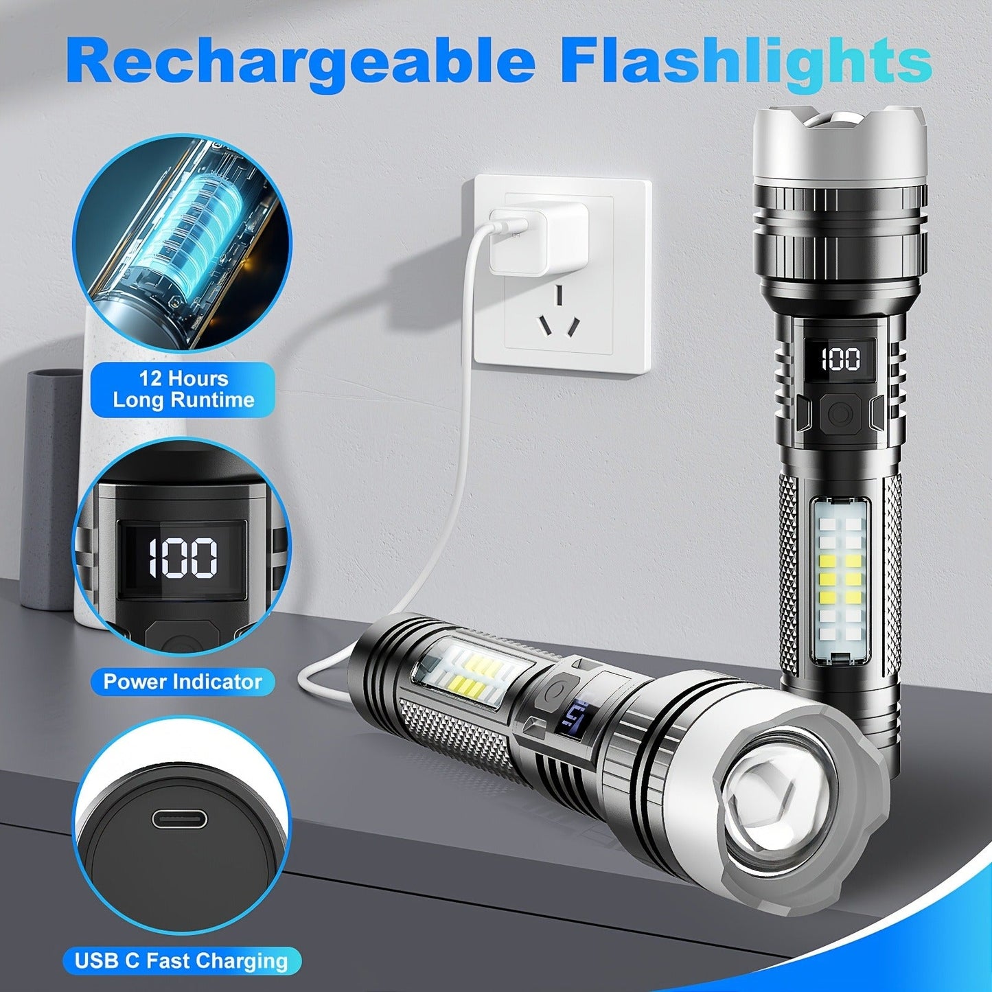 Rechargeable LED Flashlight 2000 Lumens – 2 Pack, 5 Modes, COB Side Light, 200M Beam Range, USB-C Charging, Durable ABS Torch for Camping Emergency Outdoor Use