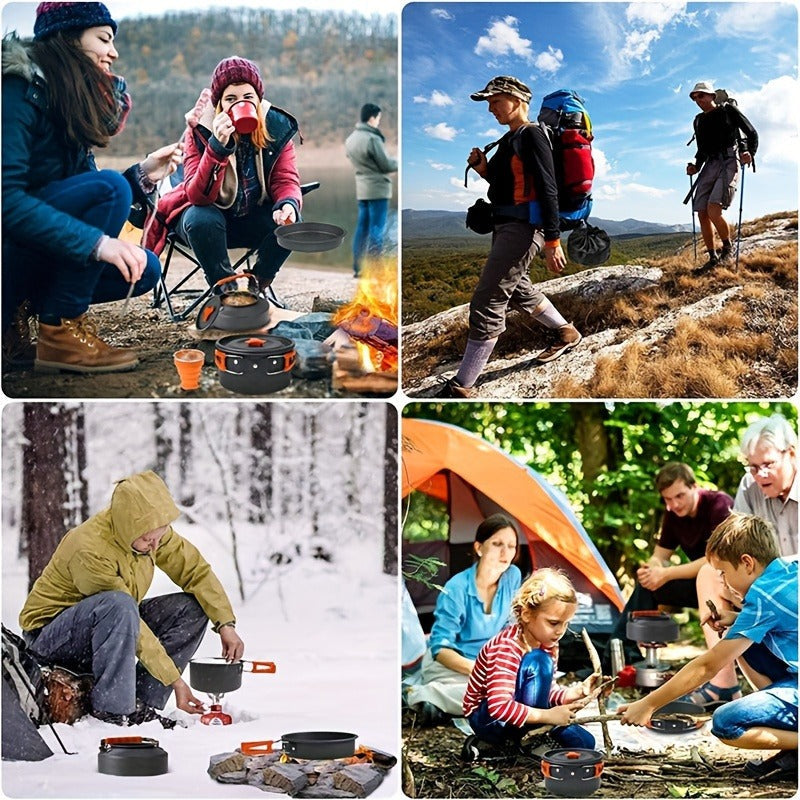 Camping Cookware Set for 2-3 People, Portable Aluminum Outdoor Cooking Kit with Pot, Frying Pan, Kettle & Cutlery, Lightweight Foldable Camp Kitchen Gear for Hiking, Backpacking & Travel
