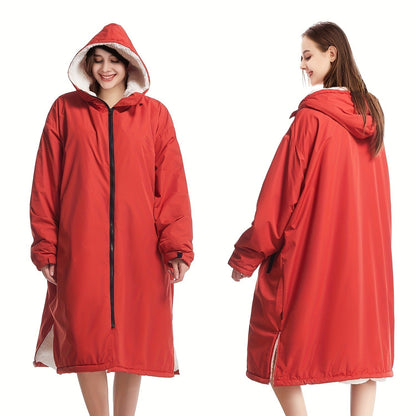 Changing Robe Fleece Lined Hooded – Long Sleeve Windproof Warm Surf Poncho for Swimming, Surfing, Diving, Camping & Hiking – 43.3x31.5in, 4 Colors: Navy, Black, Red, Blue