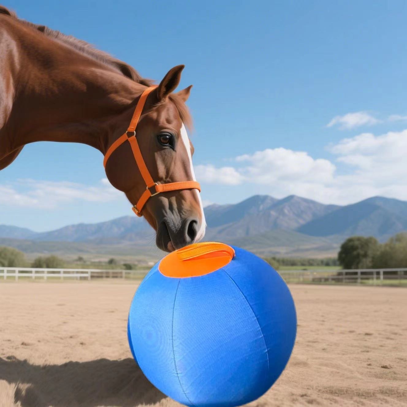 Horse Training Ball 21.7" Anti-Burst Silicone Grazing Ball with Cover & Hanging Belt for Horses Goats Dogs, Large Stable Toy Boredom Buster Ball for Equine Play & Exercise, Blue & Orange