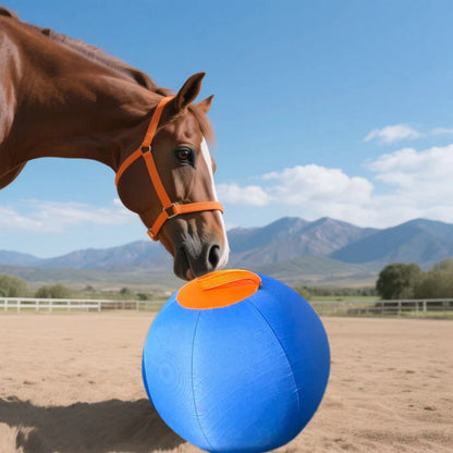Horse Training Ball 21.7" Anti-Burst Silicone Grazing Ball with Cover & Hanging Belt for Horses Goats Dogs, Large Stable Toy Boredom Buster Ball for Equine Play & Exercise, Blue & Orange