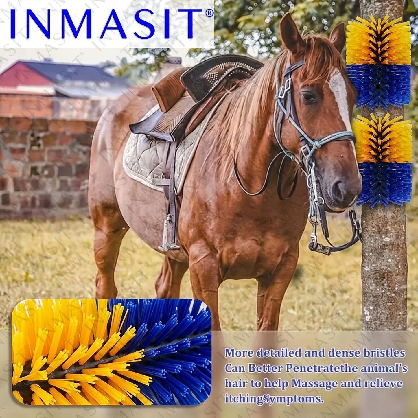 Livestock Grooming Brush Scratcher 8.7" – All-in-One Massage & Itch Relief Tool for Horse, Cow, Goat & Pig | Easy Install with 4 Screws, Battery-Free Stress Reduction, Red/Blue & Yellow/Blue