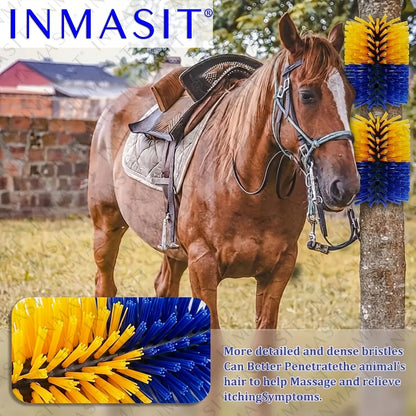 Livestock Grooming Brush Scratcher 8.7" – All-in-One Massage & Itch Relief Tool for Horse, Cow, Goat & Pig | Easy Install with 4 Screws, Battery-Free Stress Reduction, Red/Blue & Yellow/Blue
