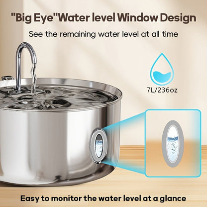 Large Stainless Steel Pet Water Fountain 236oz / 7L - Automatic Cat & Dog Water Dispenser, Multi-Stage Filtration, Visible Water Level Window, USB Powered, Replacement Filters Included, FT007